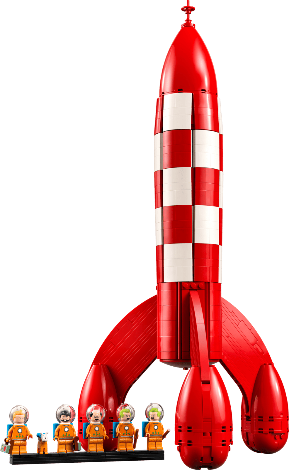 The red-and-white Tintin Moon Rocket with its six LEGO characters