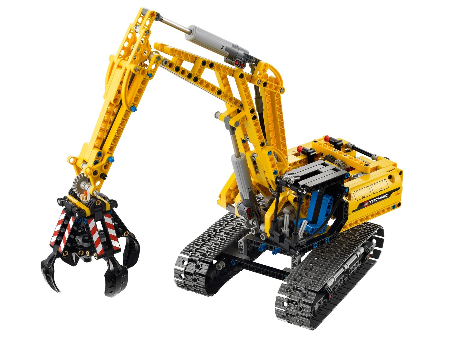 The yellow LEGO Technic Excavator with tracks, an extending arm and a four-prong grabber