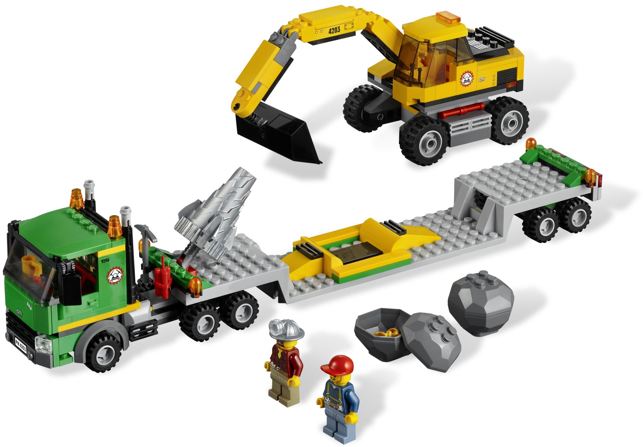The LEGO City excavator and transporter truck with mining accessories