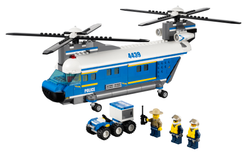 The blue-and-white LEGO City Heavy-Lift Helicopter with a police vehicle and three officers