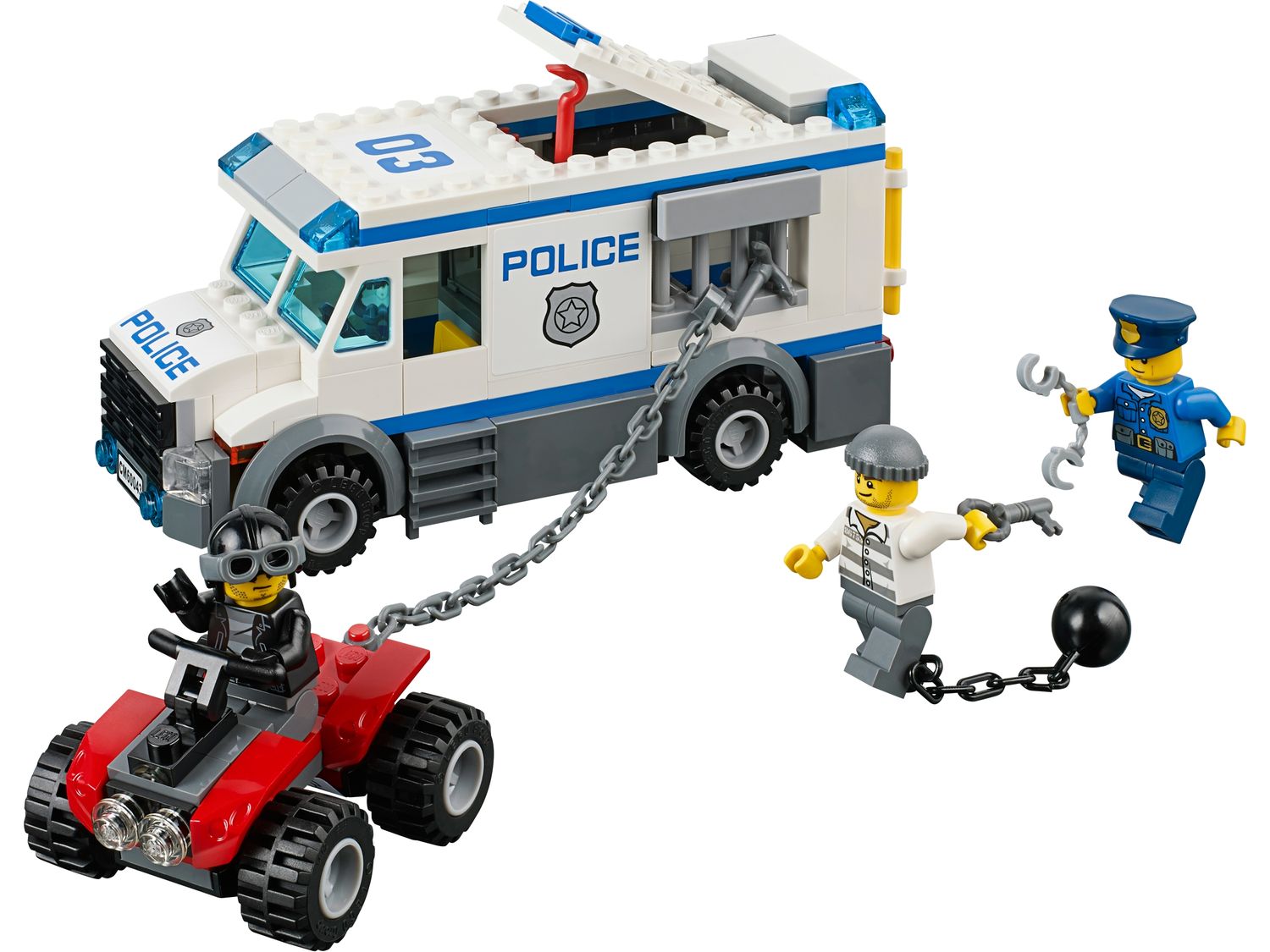 The LEGO City Prisoner Transporter with an ATV, a police officer and two crooks