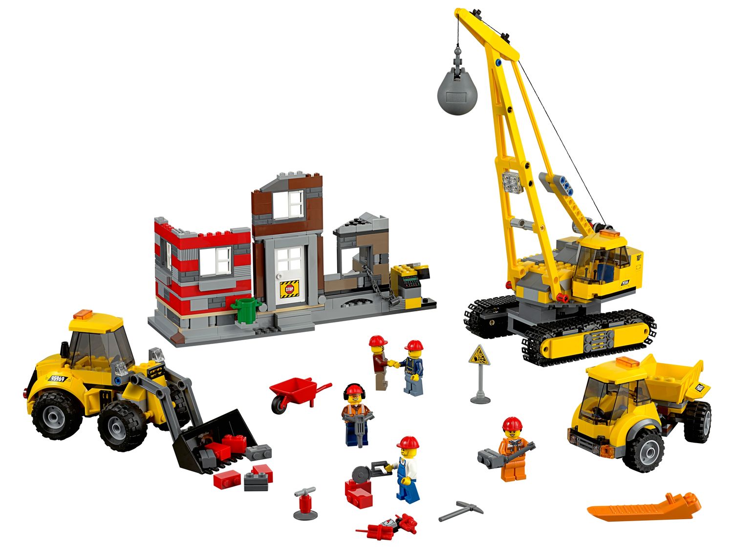 The LEGO City Demolition Site with a wrecking-ball crane, loader, dump truck and building sections