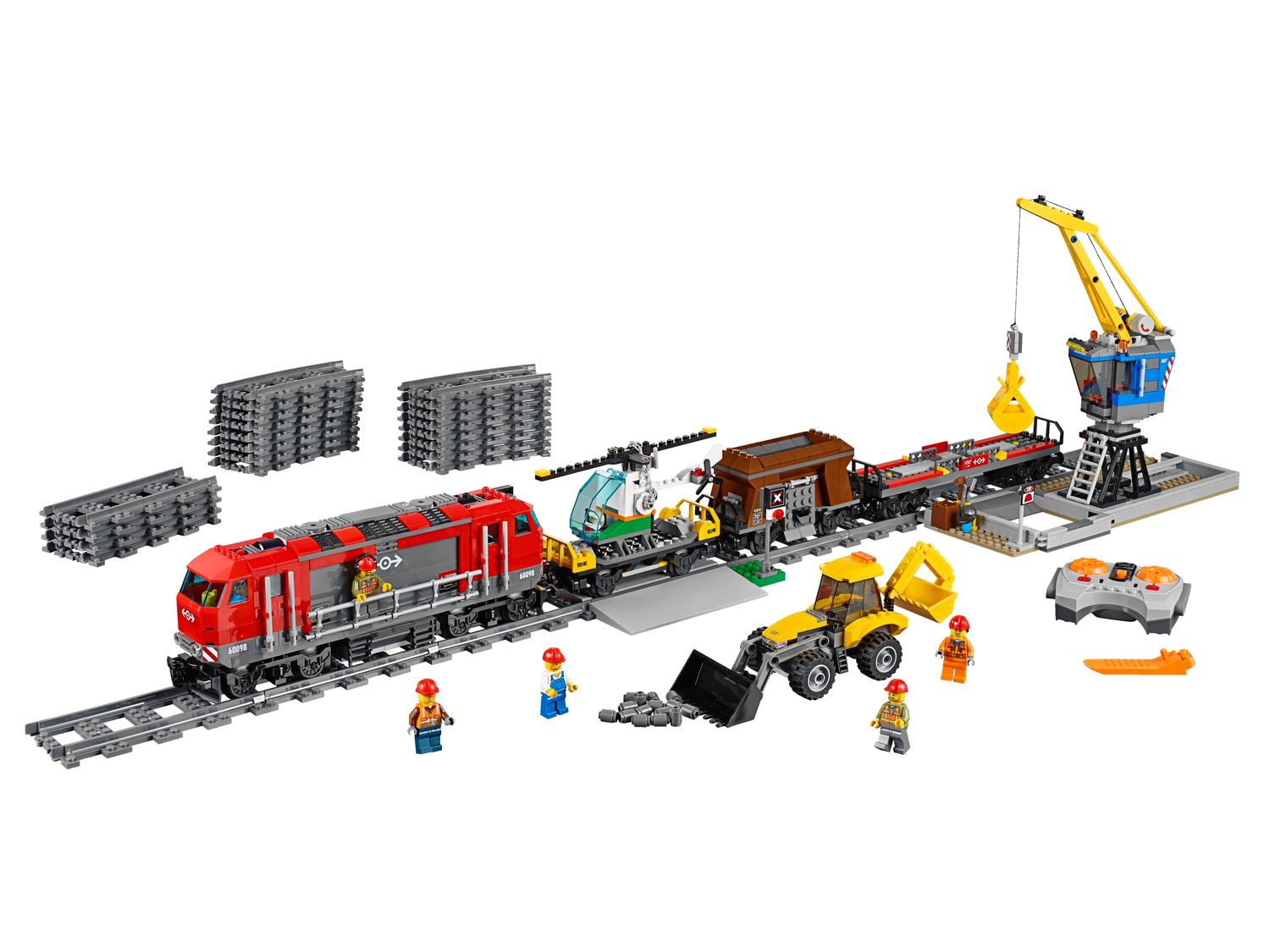 The LEGO City Heavy-Haul Train with its crane, helicopter, backhoe and railway tracks