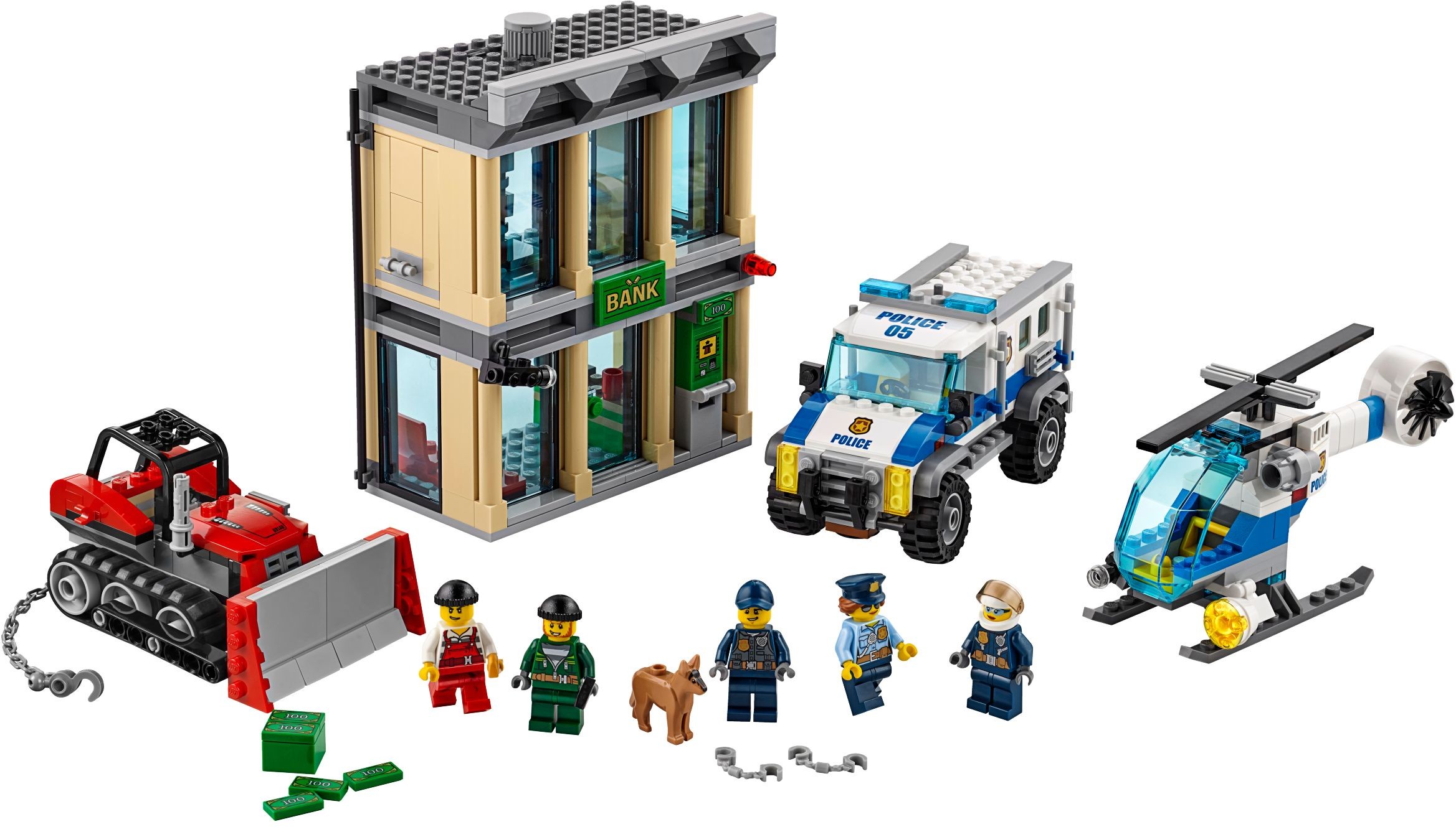 The LEGO City Bulldozer Break-In bank scene with a bulldozer and police vehicles