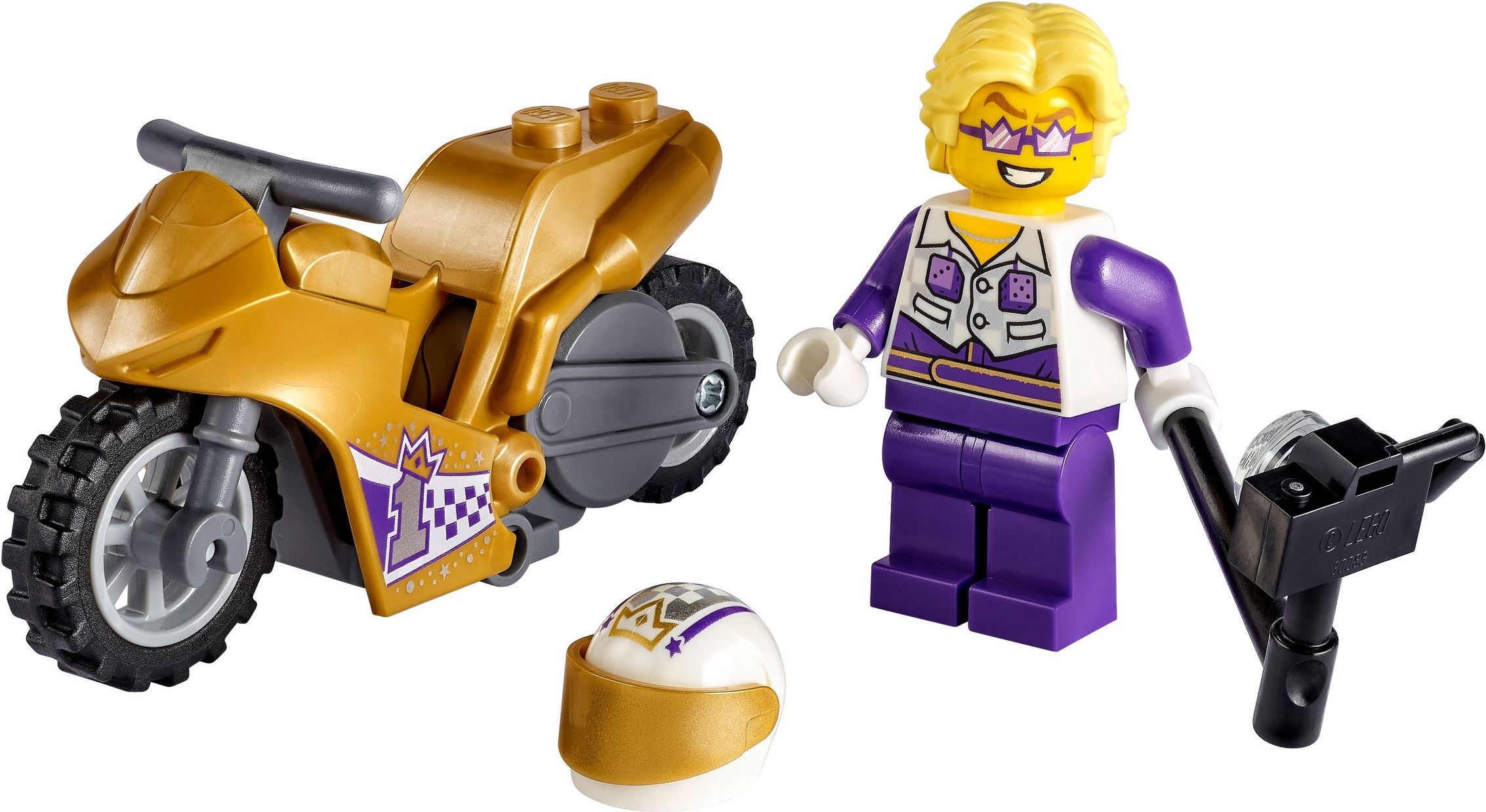 The LEGO City Selfie Stunt Bike with its rider, helmet and selfie camera