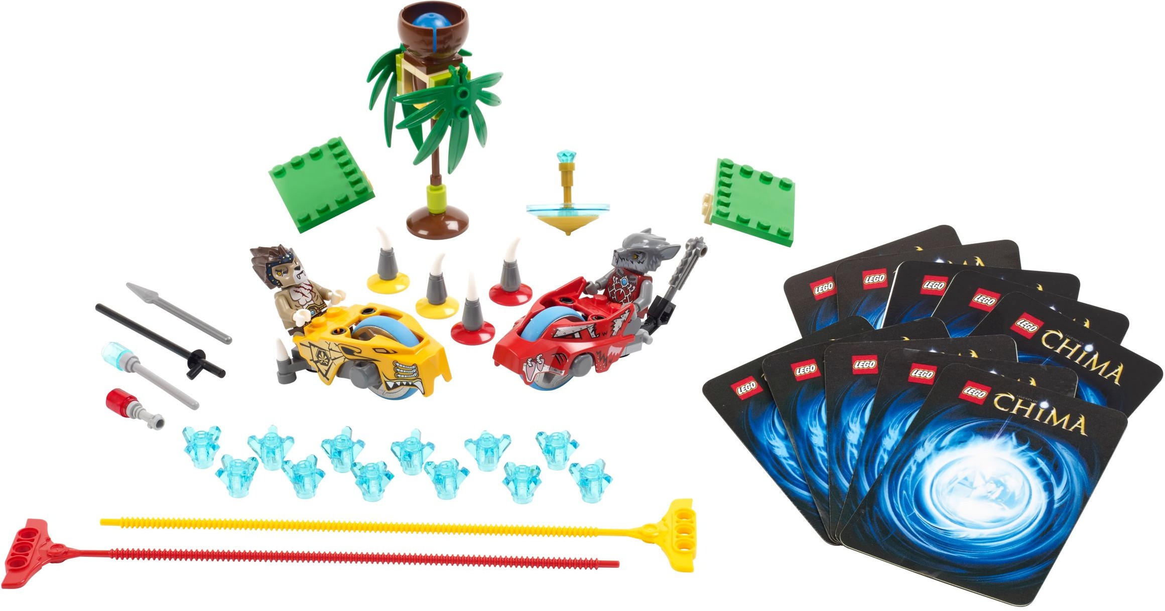 Two CHI Battles Speedorz with minifigures, obstacles, CHI crystals and game cards