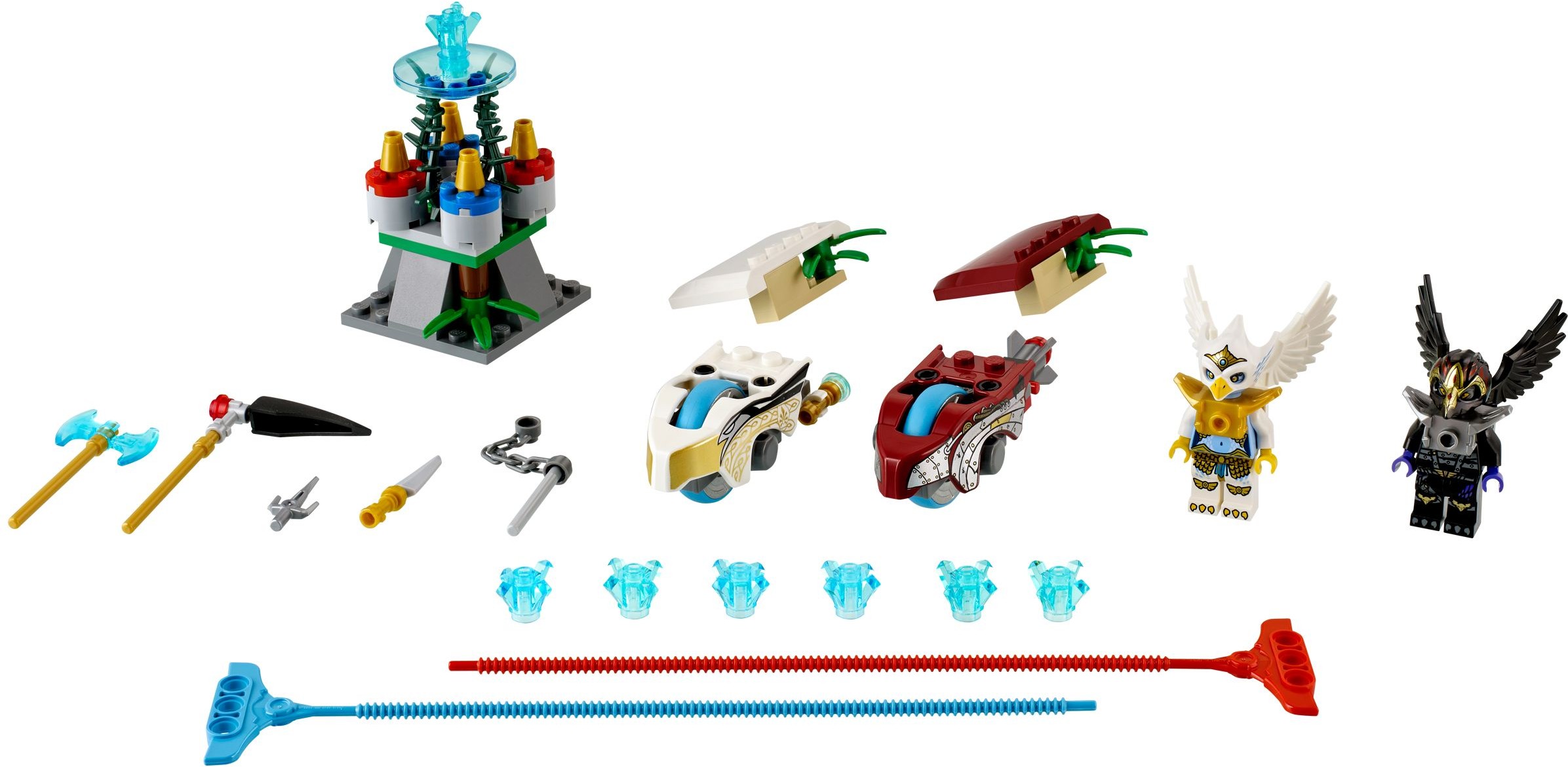 The Sky Joust tower, two Speedorz, eagle and raven minifigures, and CHI crystals