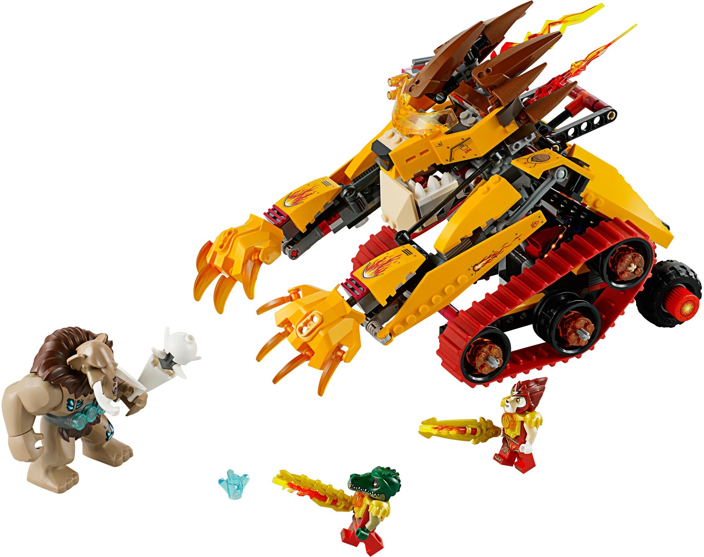 Laval’s yellow-and-red Fire Lion vehicle with three LEGO minifigures