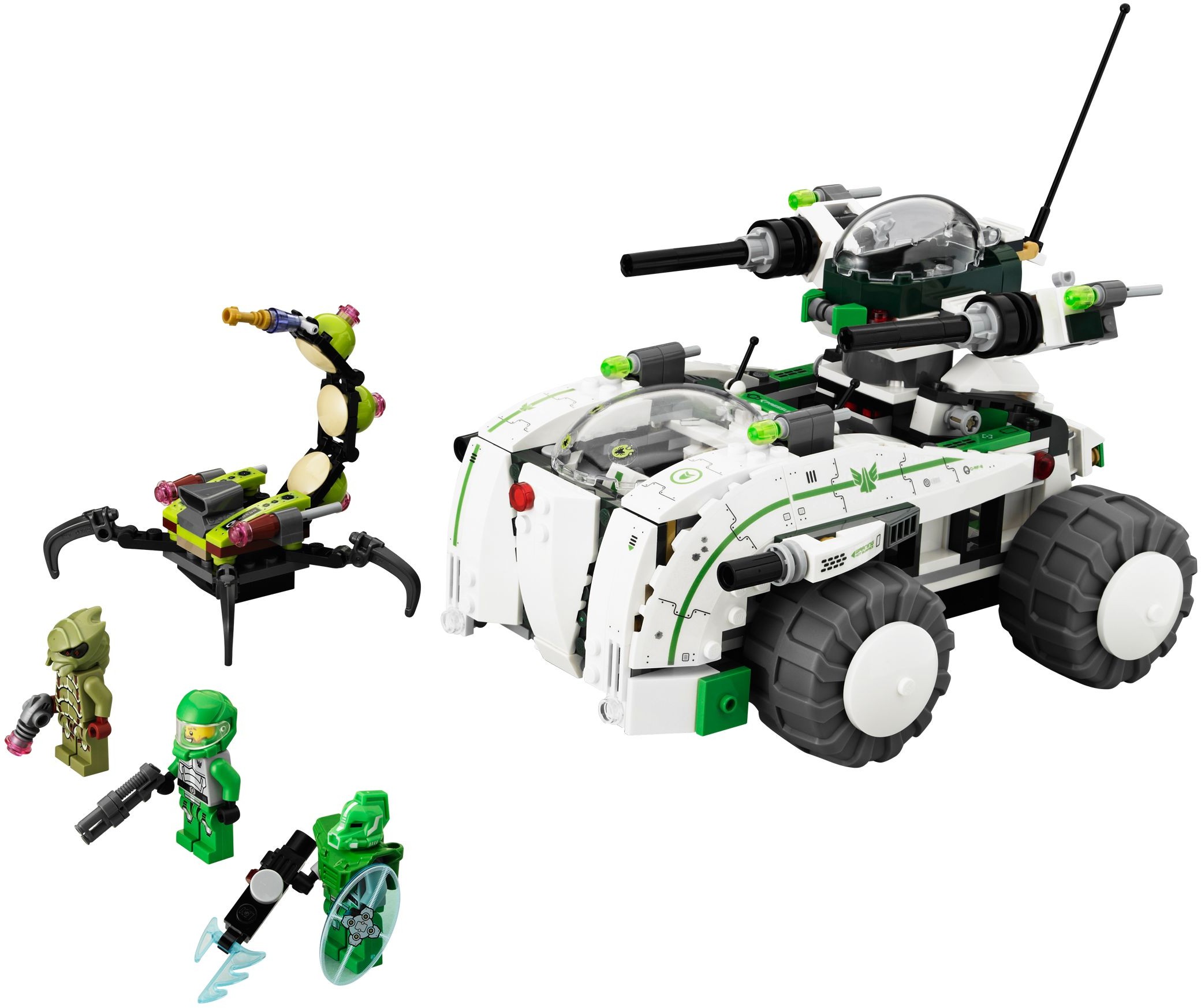 The white-and-green Vermin Vaporizer vehicle, an alien scorpion and three minifigures
