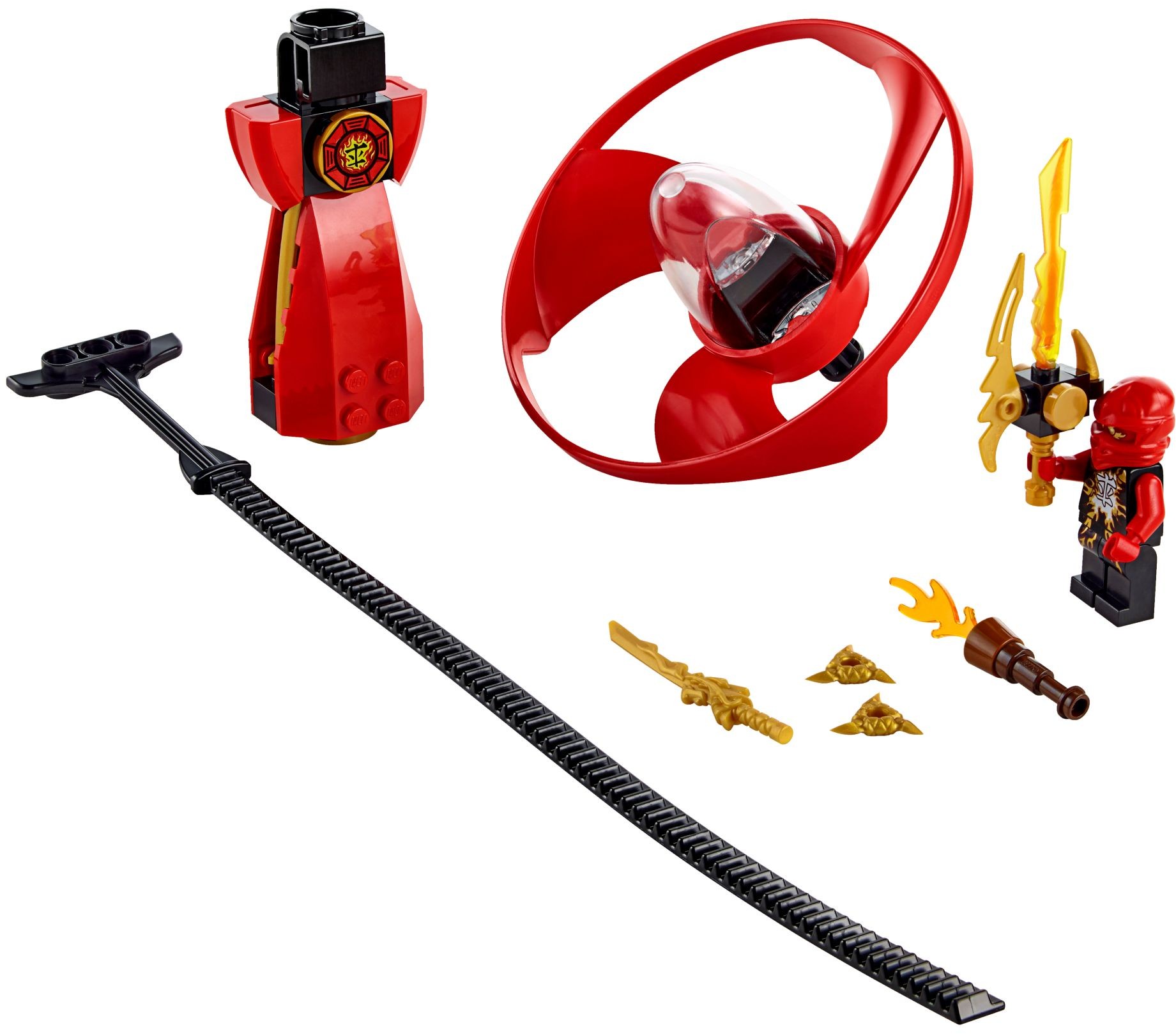 The red LEGO Ninjago Airjitzu Kai Flyer with Kai and his weapons