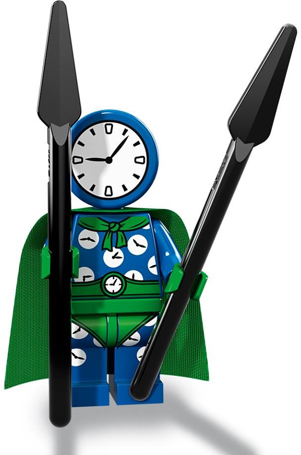 Clock King with a clock-face head, blue-and-green costume, green cape and two clock hands