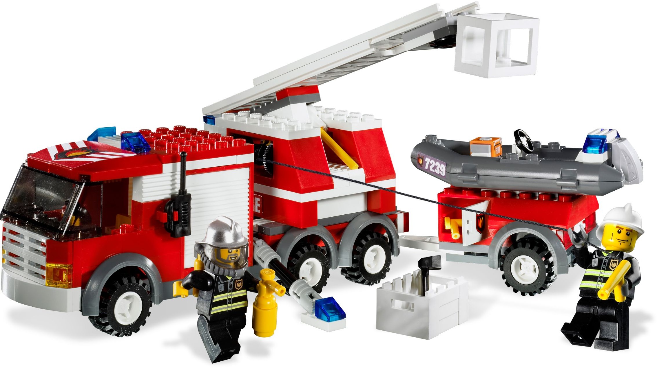The red-and-white fire truck with an extending ladder, boat trailer and two firefighters