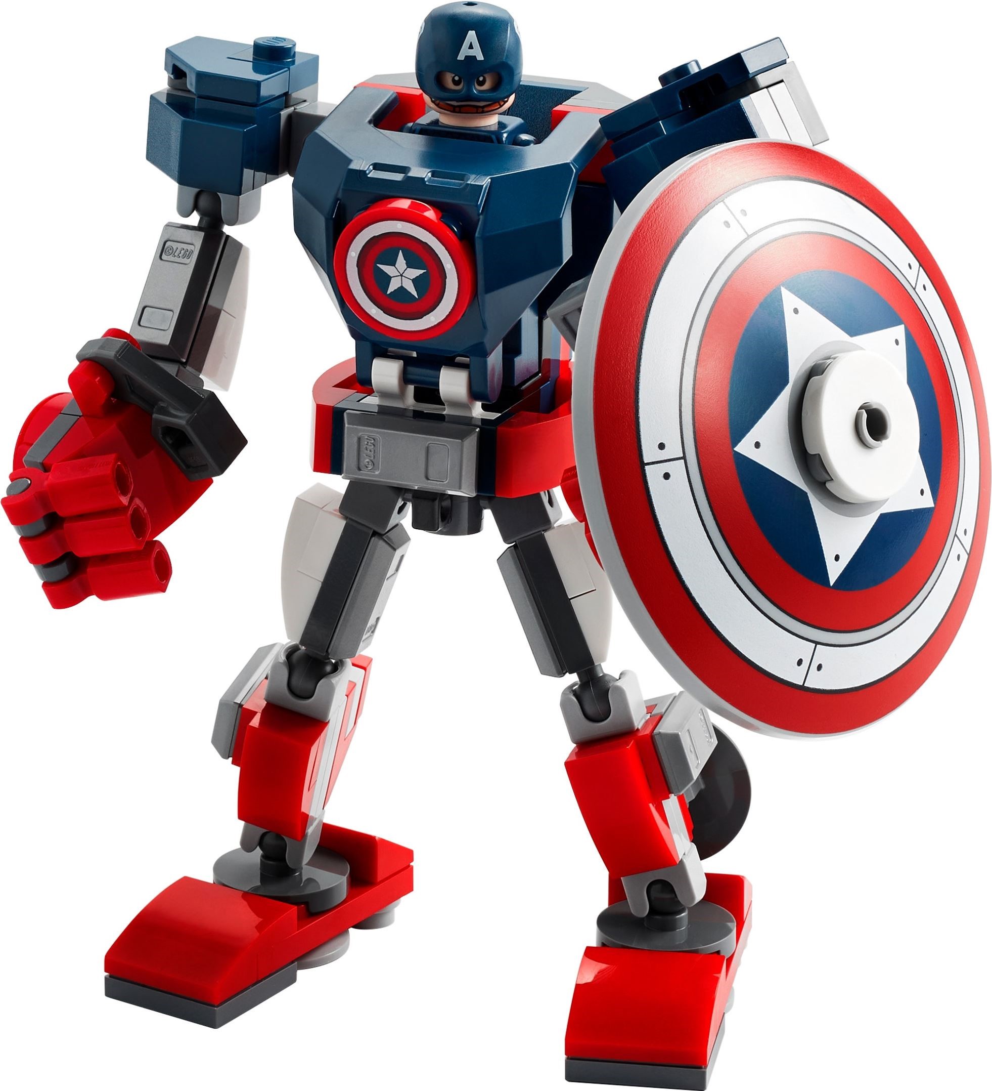 Captain America in a blue mech with a red, white and blue shield