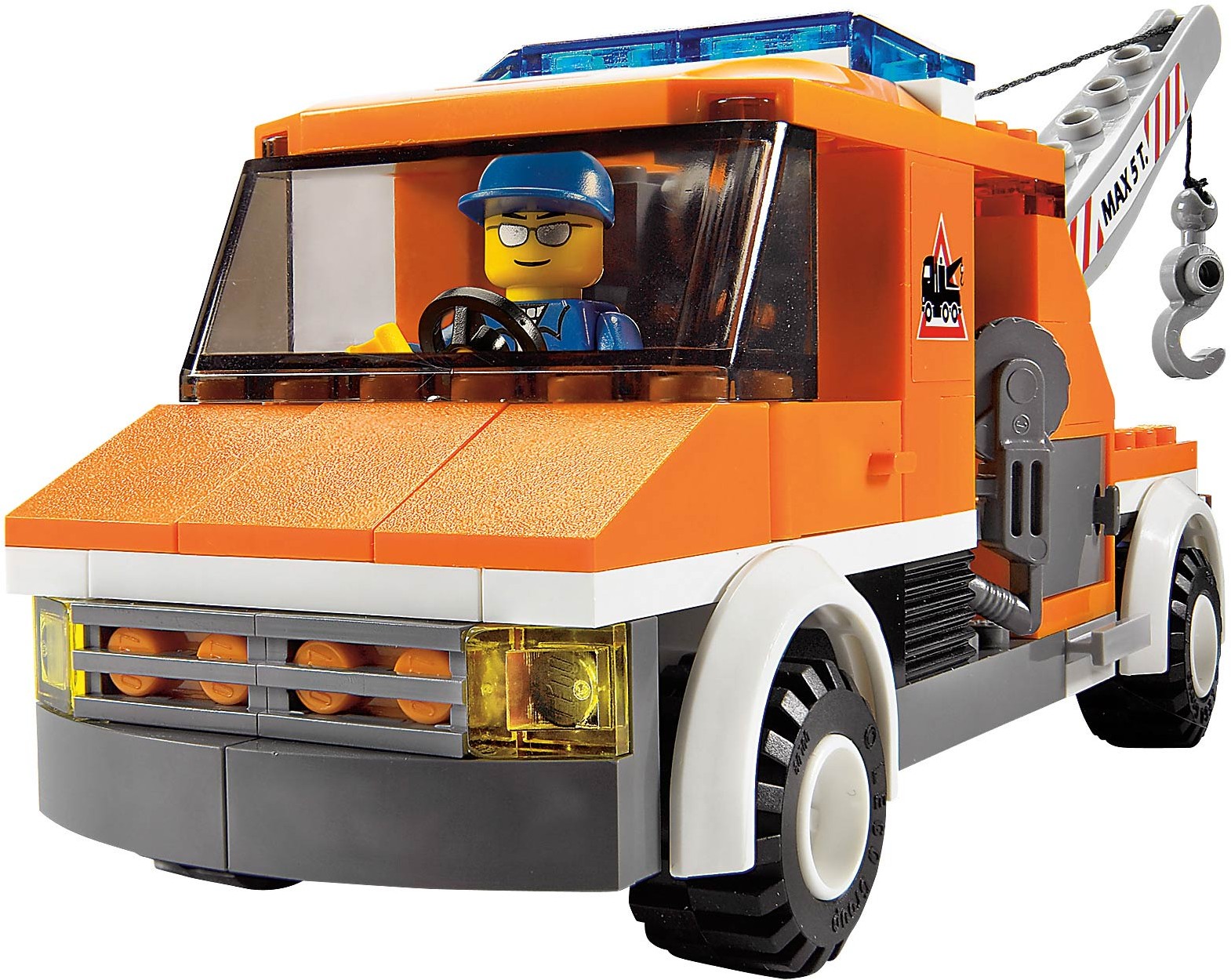 The LEGO City Tow Truck with a towing hook and driver minifigure