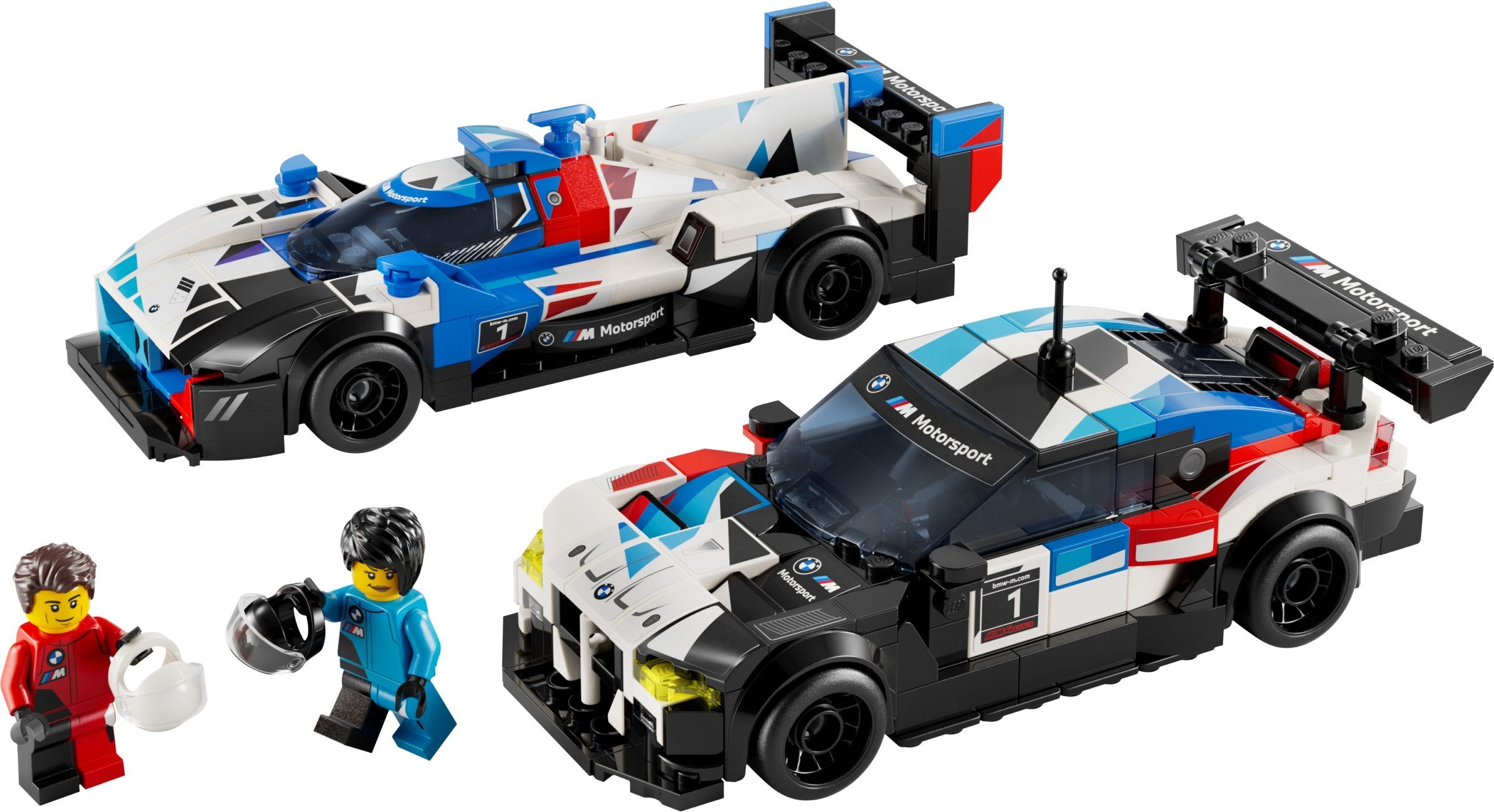 The LEGO Speed Champions BMW M4 GT3 and BMW M Hybrid V8 with two racing drivers
