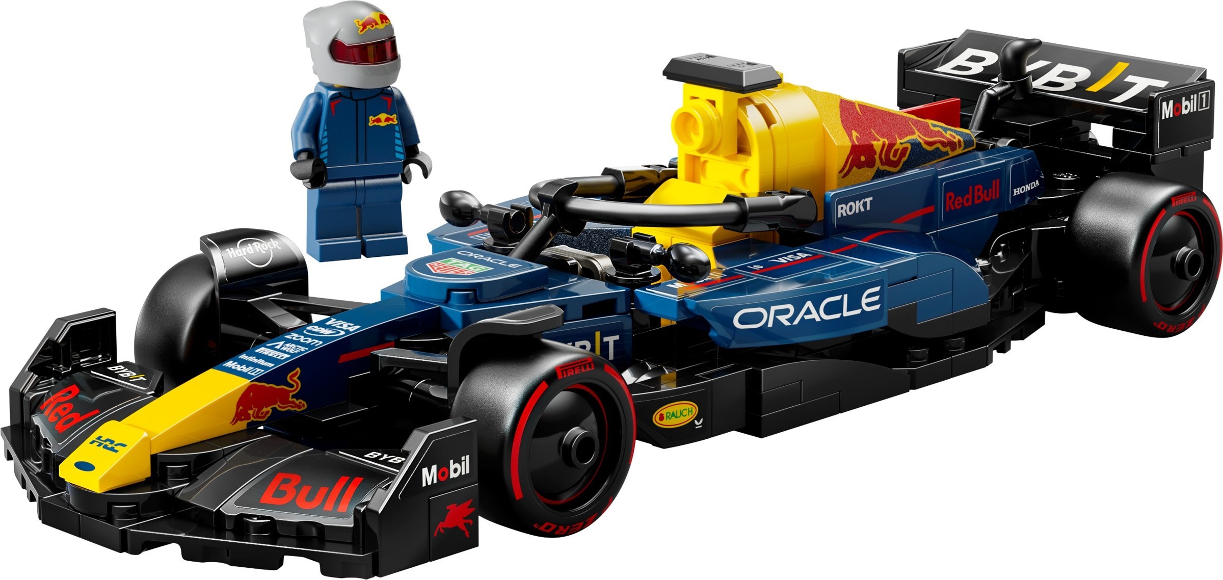 The dark-blue Oracle Red Bull Racing RB20 with yellow accents and its driver minifigure