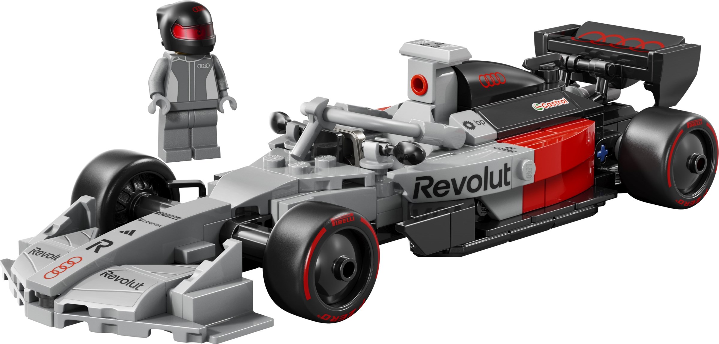 The silver, red and black Audi R26 F1 race car with its driver minifigure