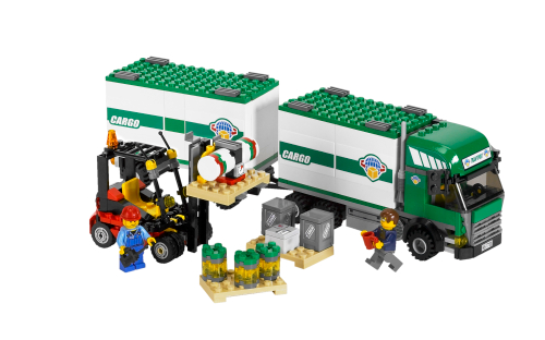 The LEGO City cargo truck and trailer with a forklift, cargo and two workers
