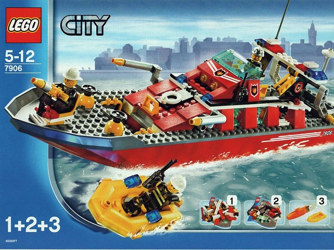 Original LEGO City Fireboat box showing a red fireboat and a yellow rescue dinghy