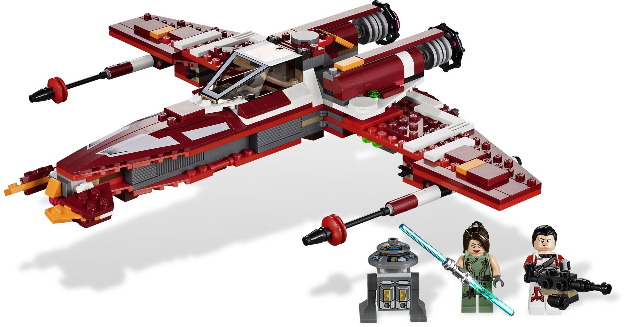 The red-and-white Republic Striker-class Starfighter with three LEGO minifigures