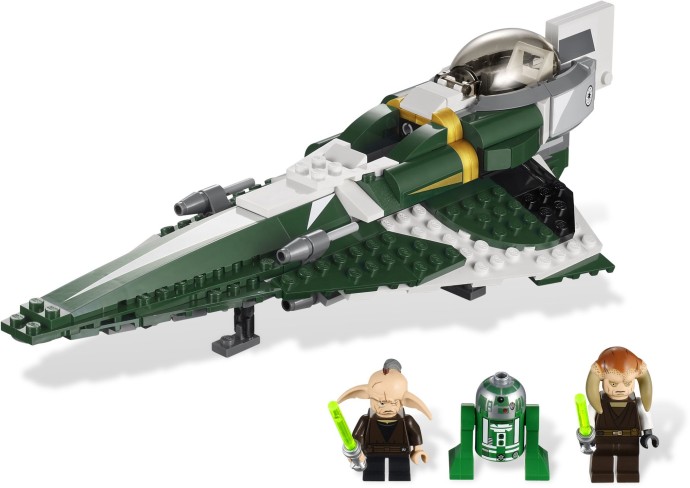 Saesee Tiin’s green-and-white Jedi Starfighter with three LEGO minifigures